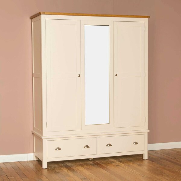 Padstow Cream Large Wardrobe, Mirror & Drawers, Oak Top | Solid Wood