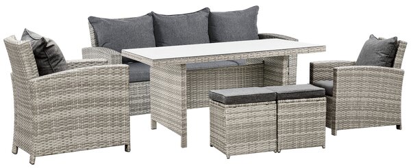 Outsunny 7-Seater Rattan Dining Set Sofa Table Garden Rattan Furniture Footstool Outdoor w/ Cushion, Grey