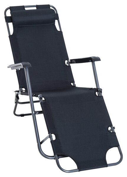 Outsunny Folding Reclining Sun Lounger, 2 in 1 Garden Chair with Adjustable Back & Pillow, Black