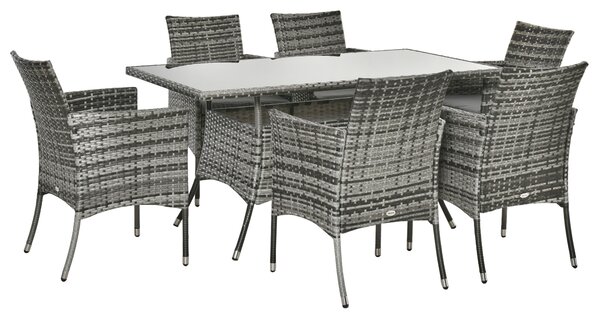Outsunny 6-Seater Rattan Dining Set Garden Furniture Patio Rectangular Table Cube Chairs Outdoor Fire Retardant Sponge Grey
