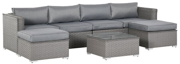 Outsunny 6-Seater PE Rattan Garden Corner Sofa Set with Tea Table & Footstool, Outdoor Wicker Conservatory Furniture, Grey