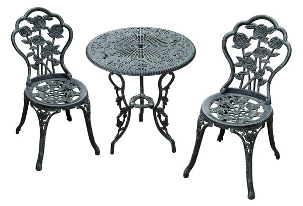 Outsunny Cast Aluminium Outdoor Patio Garden Bistro Elegant Design Table Chair Set - Green (3-Piece)