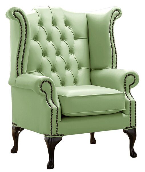 Chesterfield High Back Wing Chair Shelly Pea Green Leather Bespoke In Queen Anne Style