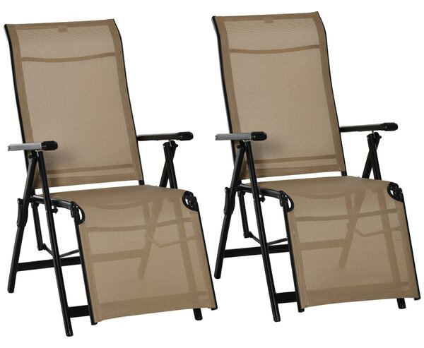 Outsunny Set of 2 Outdoor Sun Lounger Adjustable Folding Steel Chaise Reclining Lounge Chairs with 10 Back and Leg Positions, Beige