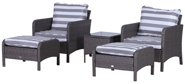 Outsunny Rattan Garden Furniture Set, 2 Seater with Armchairs, Stools, Glass Top Table, Cushions, Wicker Weave Chairs, Outdoor Seating