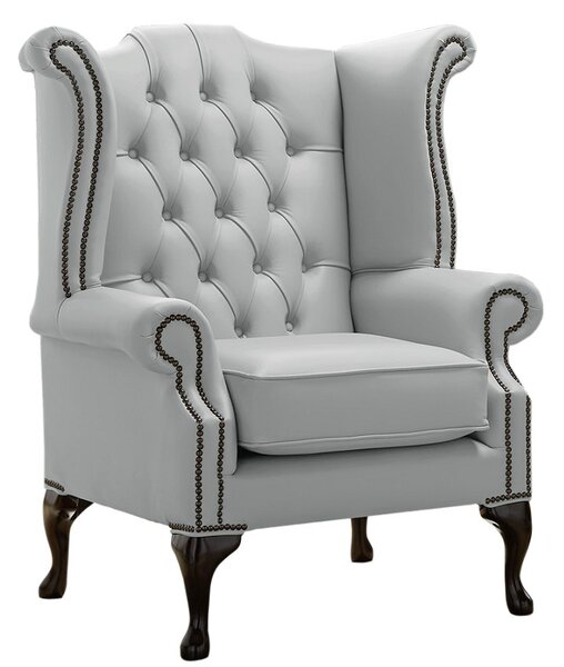 Chesterfield High Back Wing Chair Shelly Silver Grey Leather Bespoke In Queen Anne Style