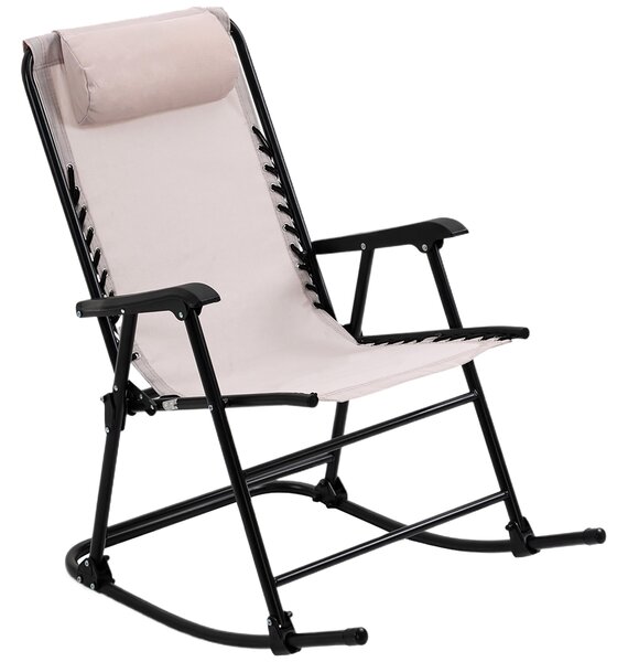 Outsunny Folding Rocking Chair Outdoor Adjustable Zero-Gravity Rocker with Headrest for Camping, Fishing, Patio, Deck, Beige