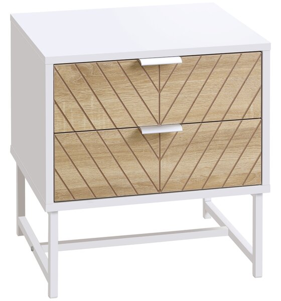 HOMCOM Contemporary Bedside Cabinet: White & Oak Nightstand with 2 Drawers, Metal Frame, Sofa Side Table