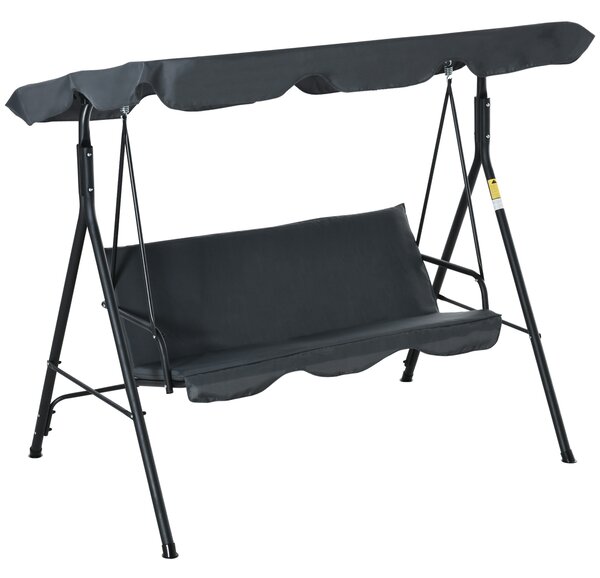 Outsunny 3 Seater Canopy Swing Chair Garden Rocking Bench Heavy Duty Patio Metal Seat w/ Top Roof - Dark Grey