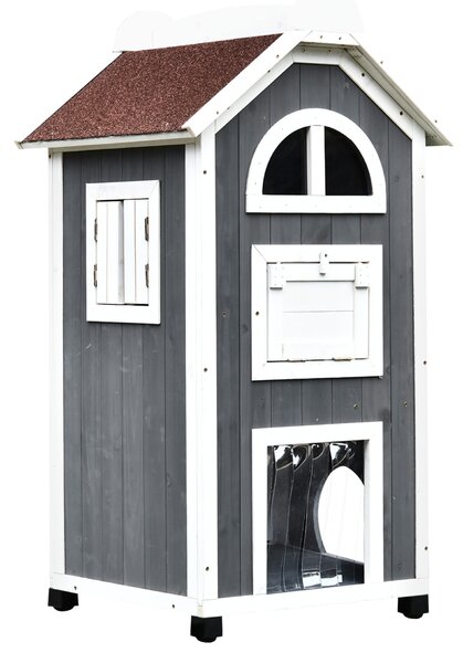 PawHut Wooden Cat House, Weatherproof Pet Shelter, Outdoor Cat Condos Cave, 2 Floor Furniture, Grey and White