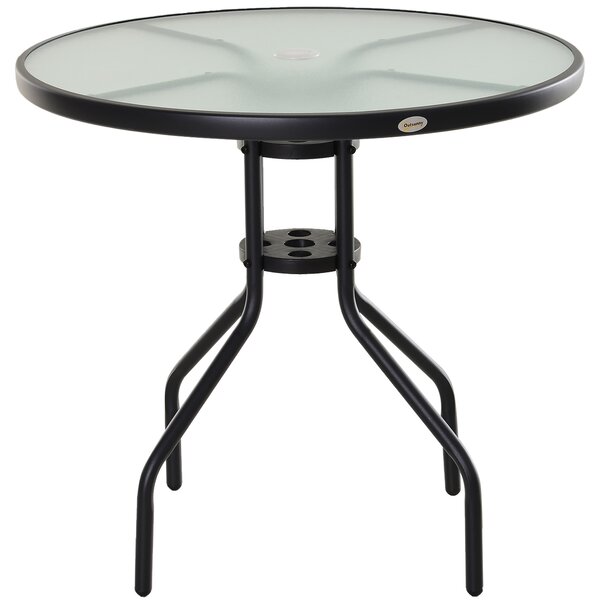 Outsunny Outdoor Dining Table, Round Coffee Table with Parasol Hole, Tempered Glass Top, Garden Side Table, 80cm Diameter