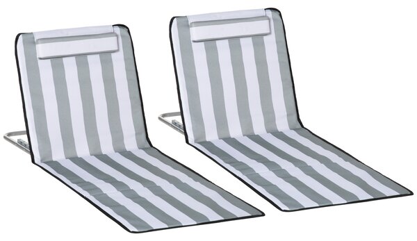 Outsunny Set of 2 Lightweight Foldable Garden Beach Chairs, Adjustable Back, Metal Frame, PE Fabric, Head Pillow, Light Grey