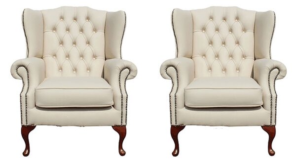 Chesterfield 2 x Wing Chair Ivory Leather Bespoke In Mallory Style