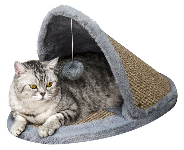 PawHut Cat House Kitten Bed Pet Furniture with Sisal Scratching Area Soft Plush for Rest and Play, Grey and Brown
