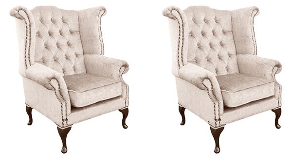 Chesterfield 2 x Wing Chairs Harmony Ivory Velvet Bespoke In Queen Anne Style