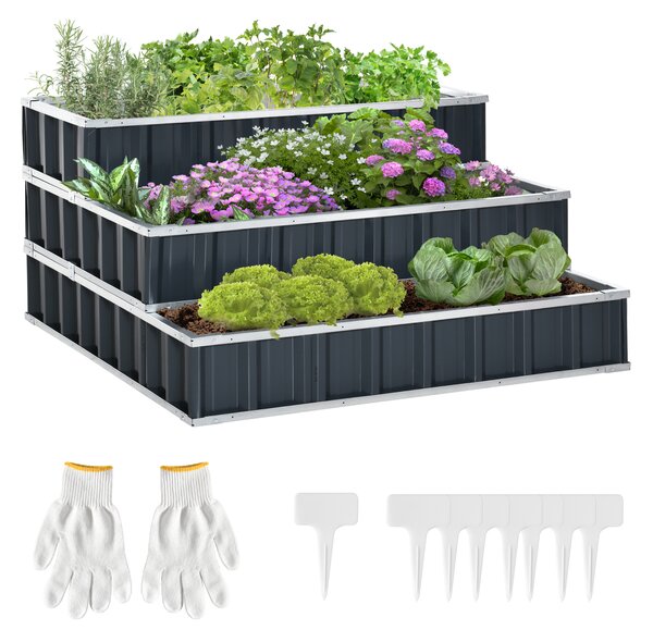 Outsunny 3 Tier Raised Garden Bed, Metal Elevated Planer Box Kit w/ A Pairs of Glove for Backyard, Patio to Grow Vegetables, Herbs, and Flowers, Grey