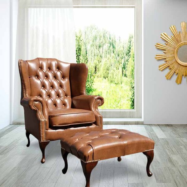 Chesterfield High Back Wing Chair + Footstool Old English Tan Leather In Mallory Style
