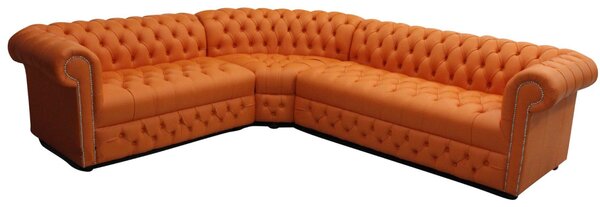 Chesterfield 3 Seater + Corner + 2 Seater Mandarin Orange Leather Buttoned Seat Corner Sofa In Classic Style