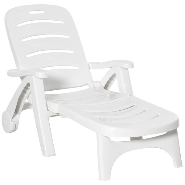 Outsunny Outdoor Folding Plastic Chaise Lounge Chair on Wheels, Patio Sun Lounger Recliner & 5-Position Backrest for Garden, Beach, Pool, White