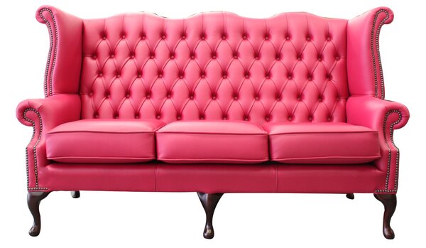 Chesterfield 3 Seater High Back Wing Sofa Shelly Anemone Leather In Queen Anne Style