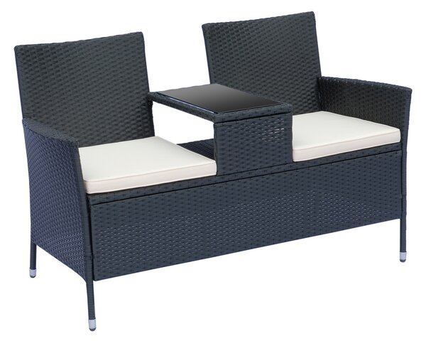 Outsunny 2 Seater Rattan Campanion Chair Wicker Loveseat Outdoor Patio Armchair with Drink Table Garden Furniture - Black