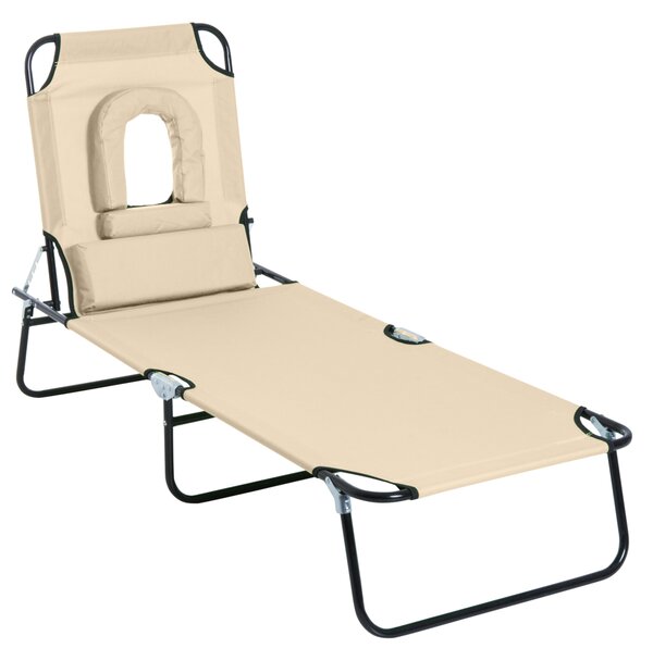 Outsunny Folding Sun Lounger with Pillow & Reading Hole, Adjustable Reclining Chair for Garden Beach, Beige