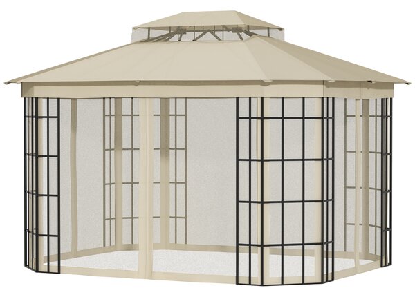 Outsunny 3.7 x 3(m) Patio Gazebo Canopy Garden Tent Shelter with 2 Tiers Roof and Mosquito Netting, Metal Frame, Beige