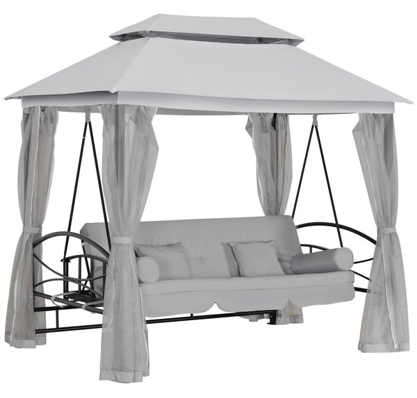 Outsunny 2-in-1 Convertible Swing Chair Bed 3 Seater Hammock Gazebo Patio Bench Cushioned Seat Mesh Curtains - Grey
