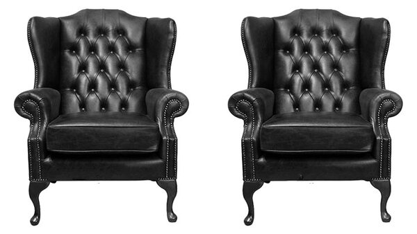 Chesterfield 2 x Wing Chair Old English Black Leather Bespoke In Mallory Style
