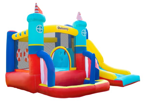 Outsunny 4 in 1 Kids Bounce Castle Large Sailboat Style Inflatable House Slide Trampoline Water Pool Climbing Wall for Kids Age 3-8, 2.65 x 2.6 x 2m
