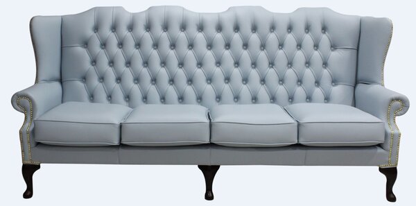 Chesterfield 4 Seater Flat Wing High Back Shelly Parlour Blue Leather Sofa In Queen Anne Style