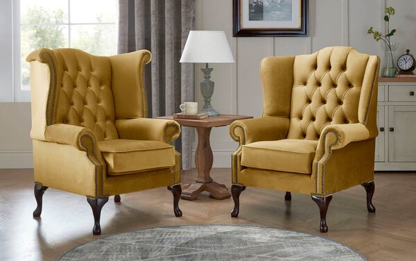 Chesterfield Queen Anne Beatrice + Carlton Flat Wing Armchairs Malta Gold 13