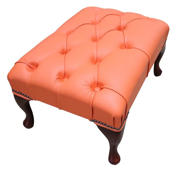 Leather Queen Anne Footstool Buttoned Seat In Shelly Flamenco Orange