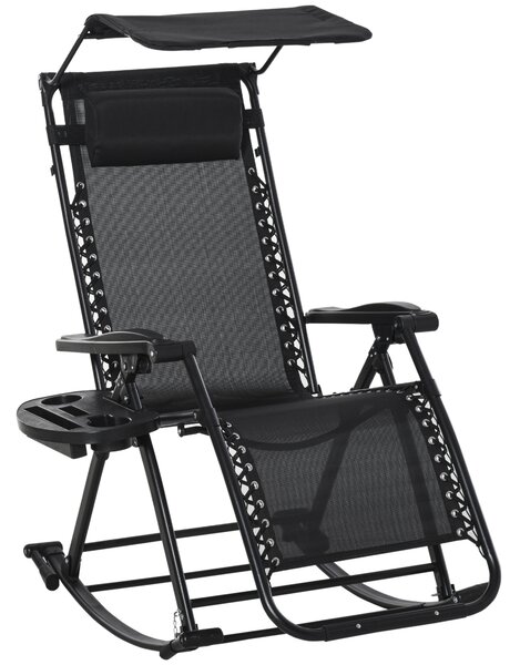 Outsunny Garden Rocking Chair Folding Recliner Outdoor Adjustable Sun Lounger Rocker Zero-Gravity Seat with Headrest Side Holder Patio Deck - Black