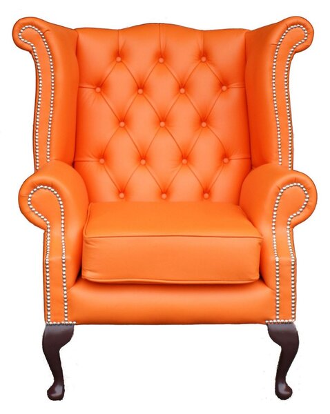 Chesterfield High Back Wing Chair Shelly Flamenco Orange Leather Bespoke In Queen Anne Style