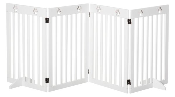 PawHut Freestanding Wooden Pet Gate, 4 Panel Folding Dog Safety Barrier, for Doorways and Stairs, White
