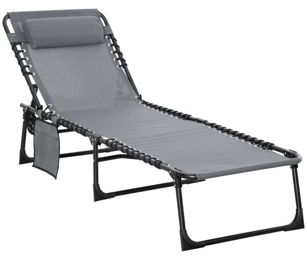 Outsunny Folding Sun Lounger, Reclining Camping Bed with 5-Position Adjustable Backrest, Pillow, Grey