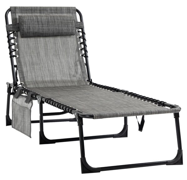 Outsunny Folding Sun Lounger, Portable Reclining Camping Bed with 5-Position Adjustable Backrest, Pillow Included, Mixed Grey