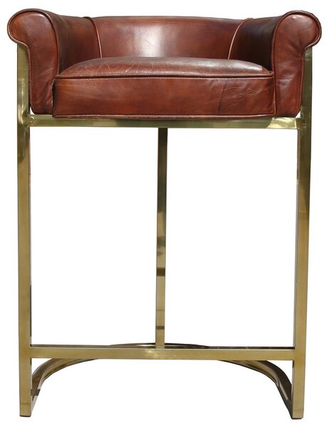 Vintage Handmade Gold Frame Barstool Distressed Brown Real Leather