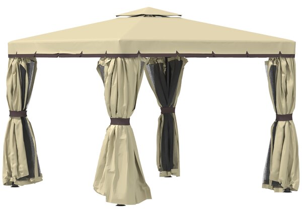 Outsunny 3 x 3(m) Garden Gazebo Pavilion Tent Shelter with 2 Tier Water Repellent Roof, Mosquito Netting and Curtains, Aluminium Frame, Beige