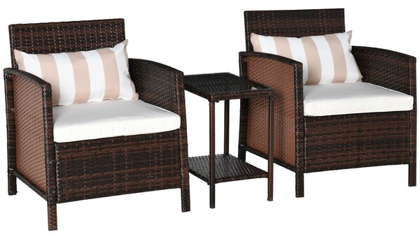 Outsunny Rattan Garden Furniture 3 Pieces Patio Bistro Set Wicker Weave Conservatory Sofa Chair & Table Set with Cushion Pillow - Brown