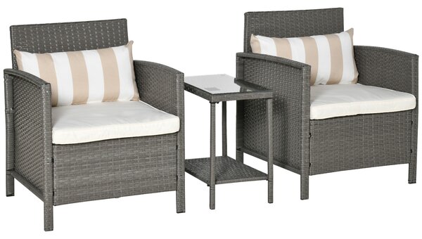 Outsunny Rattan Garden Furniture 3 Pieces Patio Bistro Set Wicker Weave Conservatory Sofa Chair & Table Set with Cushion Pillow - Light Grey