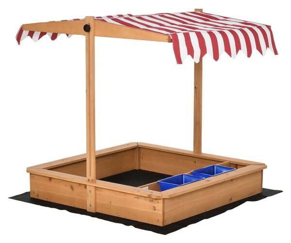 Outsunny Kids Wooden Sandbox, Children Sand Play Station Outdoor with Adjustable Height Cover, Bottom Liner, Seat, Plastic Basins, Aged 3-7 Years Old