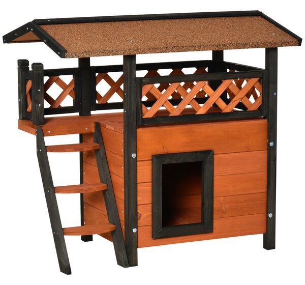PawHut Cat House Outdoor Kitten Shelter Puppy Kennel with Balcony Stairs Asphalt Roof, 77 x 50 x 73 cm, Brown