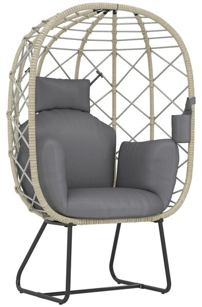 Outsunny Rattan Egg Chair Outdoor Indoor Wicker Chair with Thickened Cushion, Headrest, Cup Holder, Metal Frame for Patio, Balcony, Grey