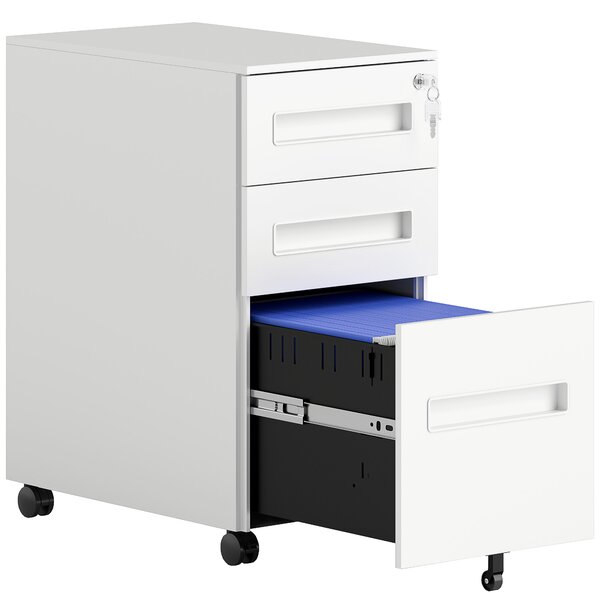 Vinsetto Metal Mobile File Cabinet with Wheels, Lockable 3 Drawer Filing Cabinet for A4, Legal, Letter, Under Desk Office Cabinet with Pre-Assembled Body for Home Office, 30 x 43.5 x 60 cm, White