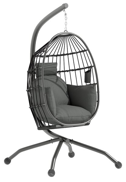 Outsunny Hanging Egg Chair Outdoor Indoor Swing Chair with Folding Basket, Cushion, Stand, Headrest, Cup Holder for Patio, Balcony, Dark Grey