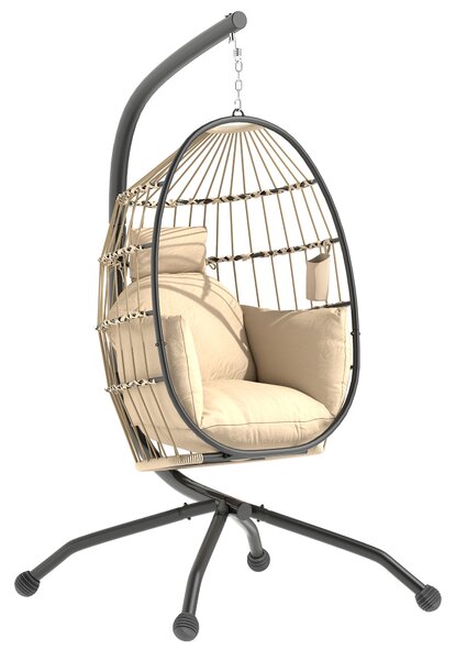 Outsunny Hanging Egg Chair Outdoor Indoor Swing Chair with Folding Basket and Cushion, Stand, Headrest, Cup Holder for Patio, Balcony, Khaki