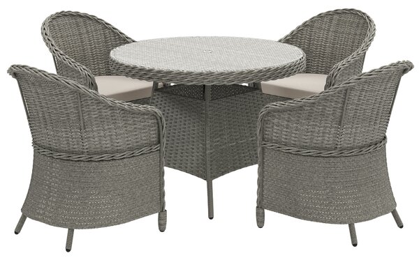 Outsunny 4 Seater Rattan Garden Furniture Set with Cushions, Round PE Rattan Dining Set with Glass-Top Table, Umbrella Hole, Outdoor Garden Table and Chairs, Grey