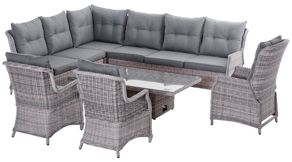Outsunny 9-Seater Rattan Garden Furniture Dining Set, Tempered Glass Table-top Table and Recliner Chair, Mixed Grey